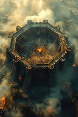 Wall Mural - Burning, ruined fortress, aerial view, smoke, fire.