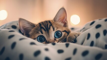 Wall Mural - Curious kitten peeking from blanket, bedroom bokeh