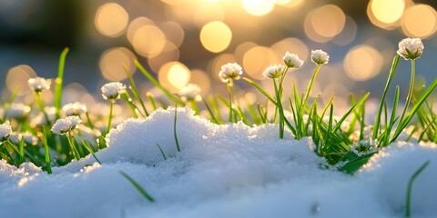 Canvas Print - A close-up of small white flowers emerging from snow, with a blurred background of golden bokeh and sunlight