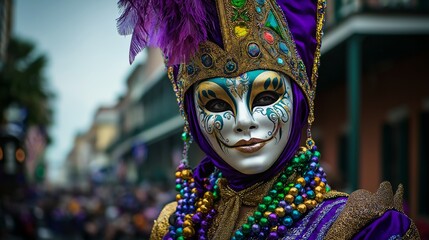 A person in a vibrant Mardi Gras costume with a decorative mask and colorful beads stands in a festive parade setting