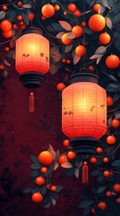 Wall Mural - Vibrant Lunar New Year art lanterns kumquat trees and bold crimson hues
