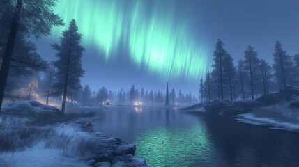 Wall Mural - Aurora Borealis over snowy landscape, needle in the distance, ice on water reflecting green-blue light, realistic texture
