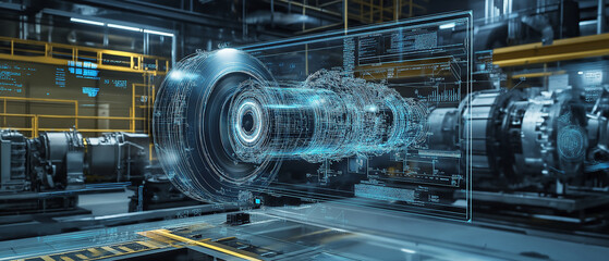 A computer screen displays an industrial engine design with blueprints and holographic images of the machinery