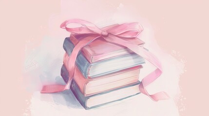 Canvas Print - A stack of books tied with a pink ribbon