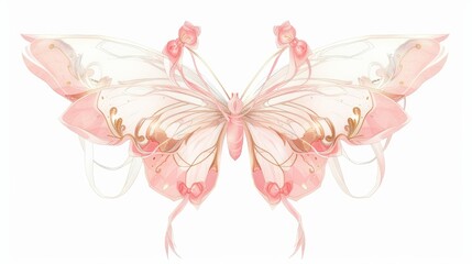 Wall Mural - A pink butterfly with two white ribbons tied around its wings