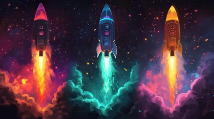 Poster - Three vibrant rockets launching into a starry night sky, each with unique colored flames and trails.