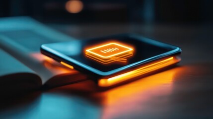 Aufkleber - Glowing speech bubble icon on a smartphone screen rests on an open book.