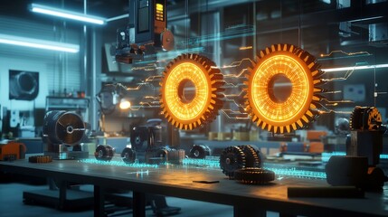 Poster - Engineering concepts portrayed glowing cogwheels data streams in a hightech workshop
