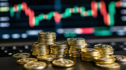 Aufkleber - Gold coins stacked on laptop keyboard with blurred stock market graph in background.