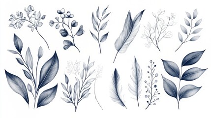 Delicate Indigo Floral Illustrations - Botanical Line Art