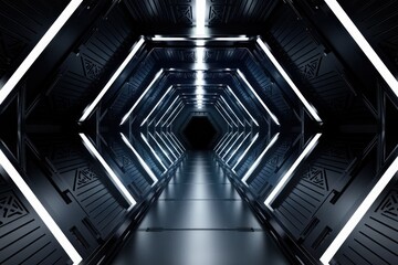 Aufkleber - A futuristic hexagonal corridor with bright white lights illuminates a dark metallic tunnel.