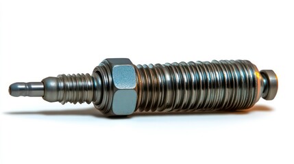 Aufkleber - Close-up of a metallic industrial component with threaded shaft, nut, and small end.