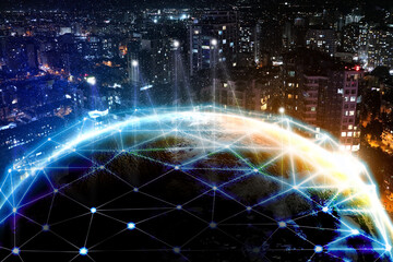 Wall Mural - virtual network covering globe against night cityscape. connection and communication