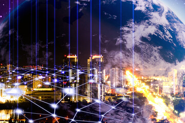 Wall Mural - virtual network covering city, double exposure with globe. connection and communication