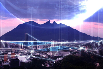 Wall Mural - virtual network covering city, double exposure with globe. connection and communication