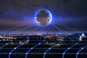 Wall Mural - virtual network over city connected to globe above. connection and communication