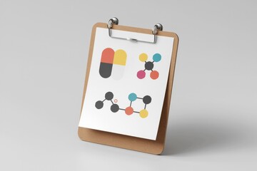 Poster - A clipboard displays diagrams of pills and molecular structures, suggesting pharmaceutical research or medical design.