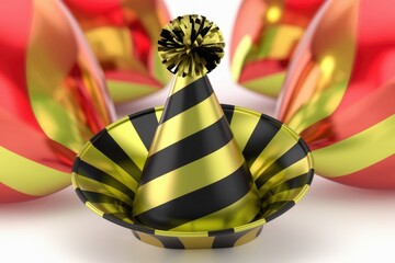 Poster - A black and gold striped party hat with a golden pom-pom sits amidst blurred red and yellow balloons.
