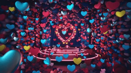 Poster - A mesmerizing 3D rendering of a stage adorned with countless vibrant hearts, creating a romantic and enchanting atmosphere.
