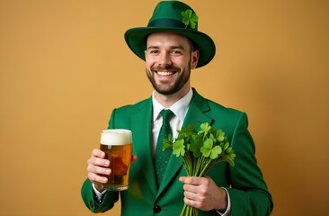 happy bearded man in a green suit with a glass of beer and a bunch of clover on an orange background