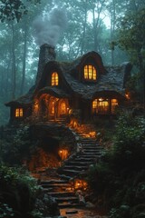 Wall Mural - Enchanted forest cottage, glowing windows, stone steps.