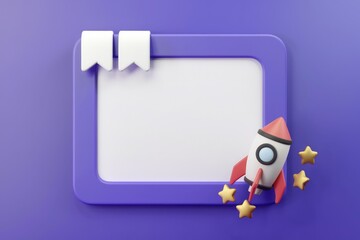 Fototapete - Purple frame with a cartoon rocket launching towards stars, symbolizing new beginnings and innovation.