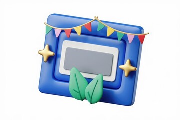 Poster - A festive 3D blue frame with blank space, decorated with flags and leaves.