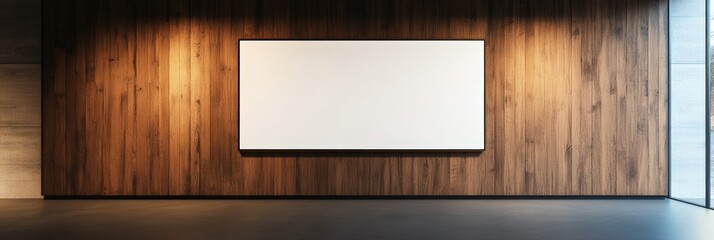 Fototapete - Empty white rectangular horizontal banner hanging on a wooden wall in a modern gallery space with concrete details, perfect for showcasing artwork or design concepts