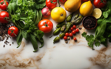 Fresh and Colorful Vegetables and Herbs on marble Background