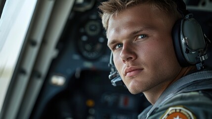 Wall Mural - A man in a pilot's seat with a headset on