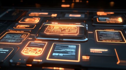 Poster - Crm system interface designed glowing holographic widgets displaying organized data flows