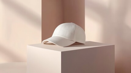 Poster - White baseball cap on a minimalist beige cube against a muted pink background with sunlight shadows.