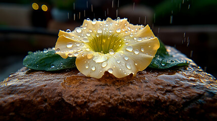 Wall Mural - Rain drops on a pale yellow flower.