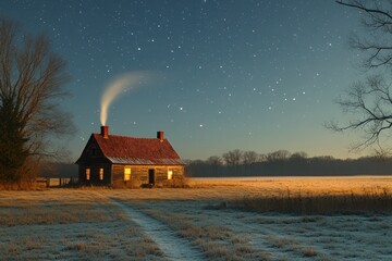 Poster - Lonely cabin, starry night, frosty field.