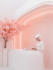 Aufkleber - Futuristic Korean Cafe with AI Barista in Minimalist Setting