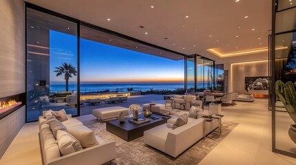 Wall Mural - Oceanfront living room sunset luxury home interior design (1)