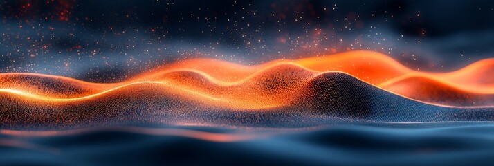 Abstract Digital Landscape Flowing Waves of Light, Energy, and Technology in Orange and Blue