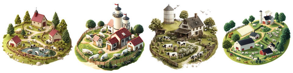 Wall Mural - dairy farm scene – a scenic depiction of a farm where cows are raised and milked, representing the o