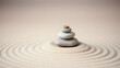 © Rachel - A balanced stack of smooth stones rests on sand with gentle ripples, symbolizing serenity, balance, and tranquility in a minimalist zen setting.