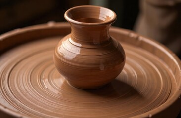 brown clay pot on spinning pottery wheel showcasing traditional craftsmanship. handmade ceramics. crafts, workshop, interior decor element