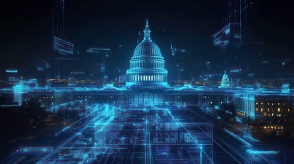 Poster - Futuristic digital overlay on US Capitol building at night.