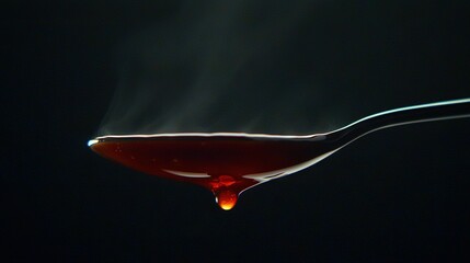 Wall Mural -   A spoon with liquid pouring on a black surface under a light source from above