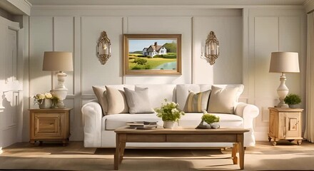 Wall Mural - Coastal cottage sitting room white living room interior design and country house home decor sofa and lounge furniture English countryside style 4K