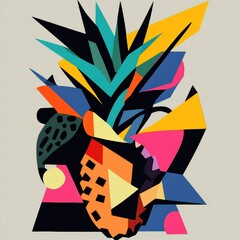 Aufkleber - Vibrant abstract geometric design featuring a pineapple with colorful shapes and patterns. Generative AI