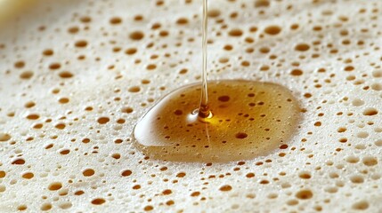 Wall Mural -   A drop of oil floats on top of a white liquid speckled with brown dots on a white surface