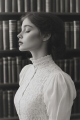 Canvas Print - Woman is standing in front of a bookcase with a white dress on. She is looking at the camera with a serene expression