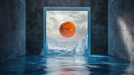 Aufkleber - Surreal 3D render of a basketball floating above water, viewed through a doorway in a concrete room.