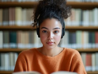 Poster - Focused Study in a Contemporary Library - Young Female Student Immersed in Learning