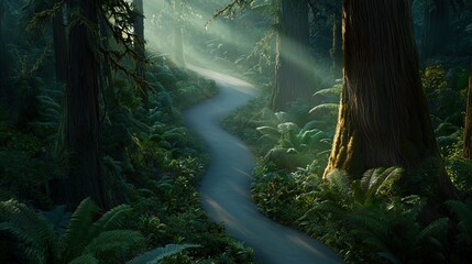 Wall Mural -   A forest path bathed in sunlight as beams filter through the leaves above