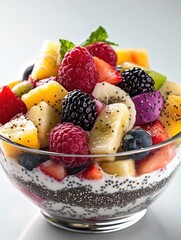 Sticker - Bowl of fruit salad with a variety of fruits including bananas, strawberries, blueberries, and raspberries